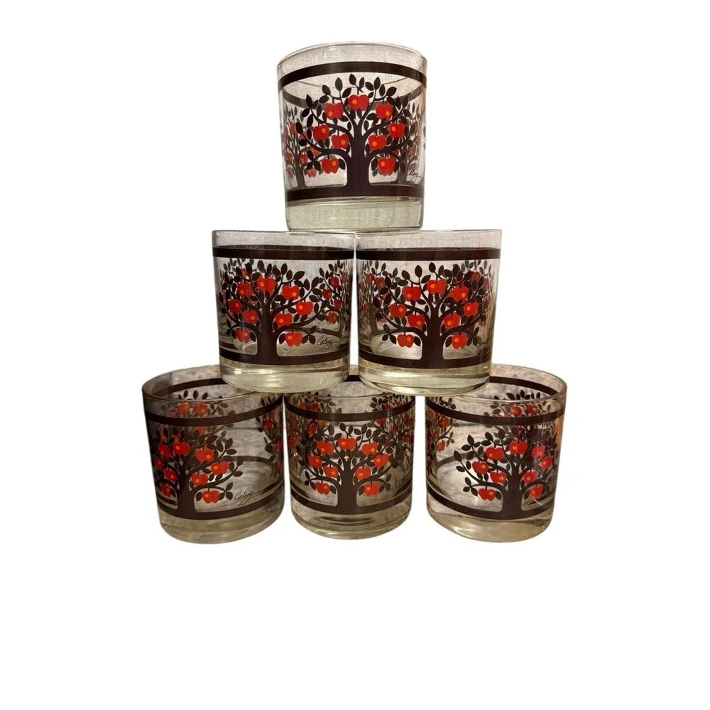 Colony Glass Tumbler Set 6 OS Red Good Vintage‎ Apple Tree MCM Lowball Glasses